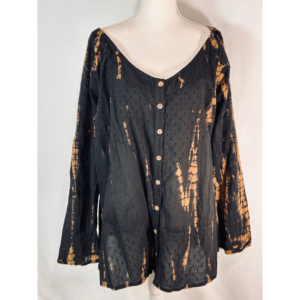Greater Good Womens Black Orange Tie Dye Swiss Dot Button Down Long Sleeve Top
